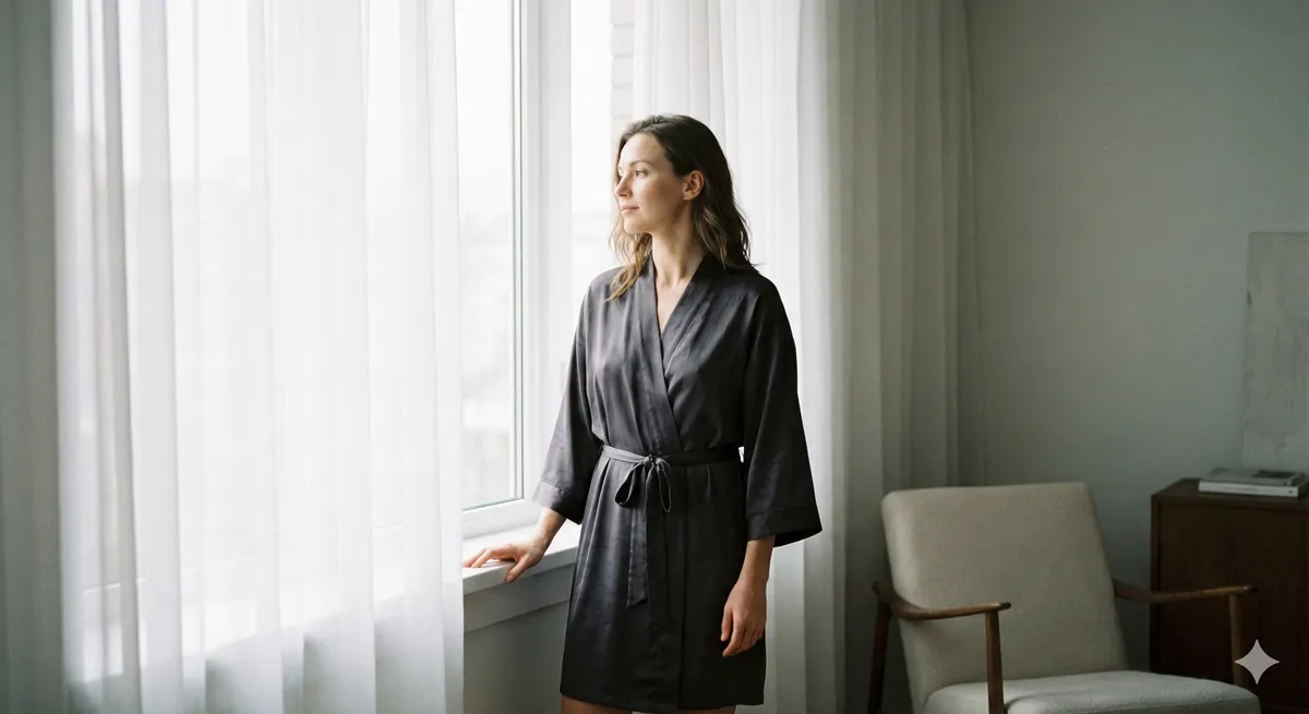 Elegantní žena hledící z okna, vyzařující klid a rozhodnost