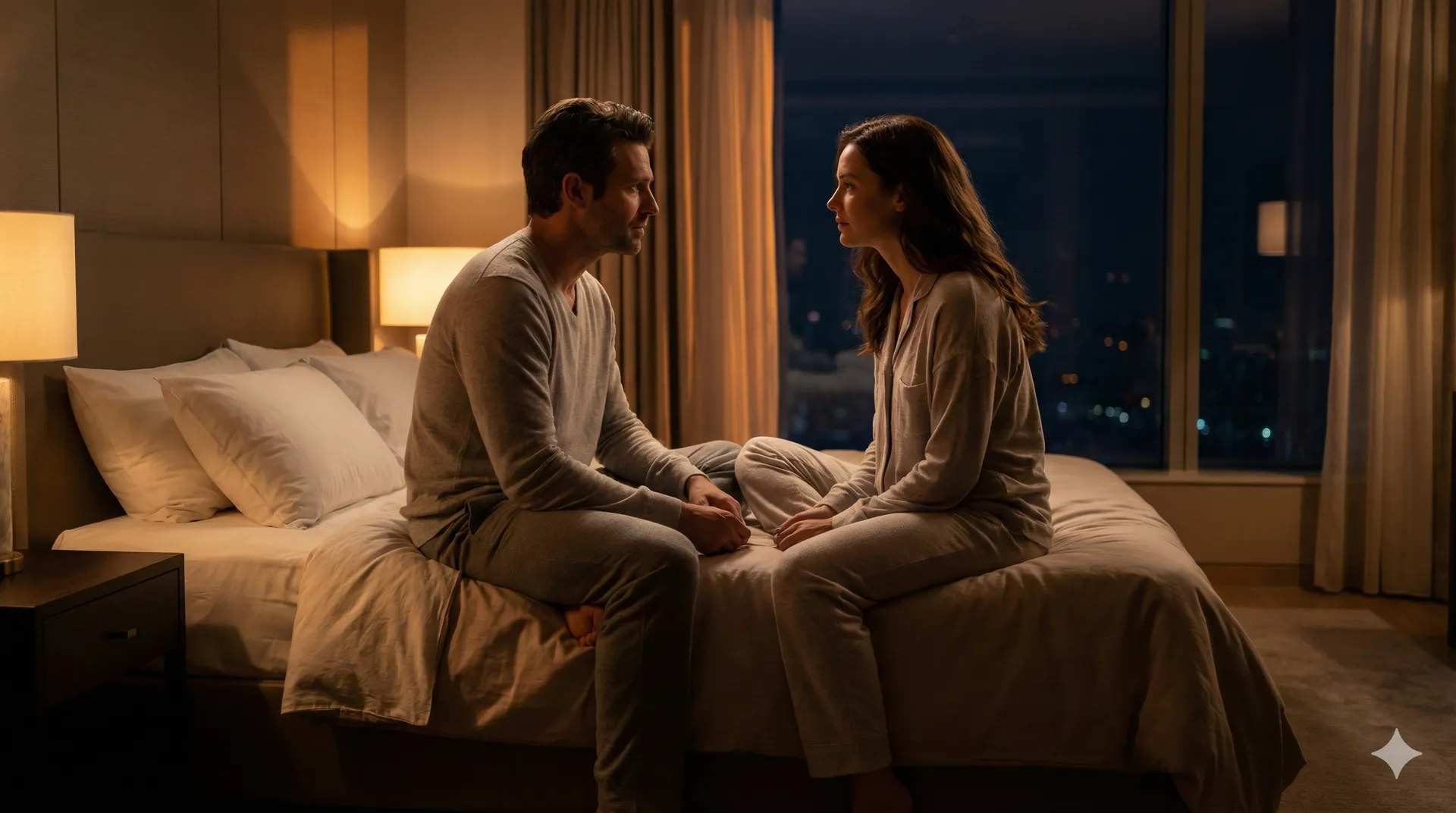 Pár sedící v posteli v tlumeném světle, vedou vážný, ale intimní rozhovor