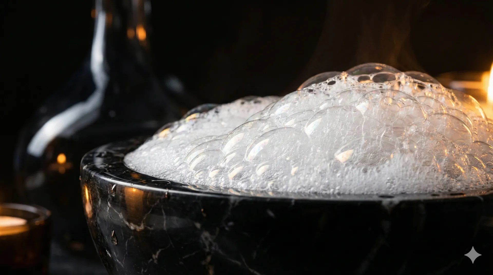 Umělecký detail mýdlové pěny na tmavém mramoru, symbol očisty