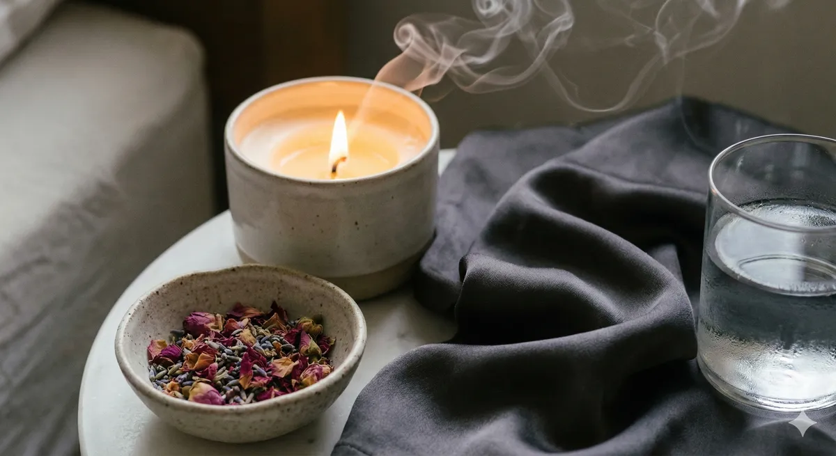 Detail na vonnou svíčku, misku s okvětními lístky a jemnou látku