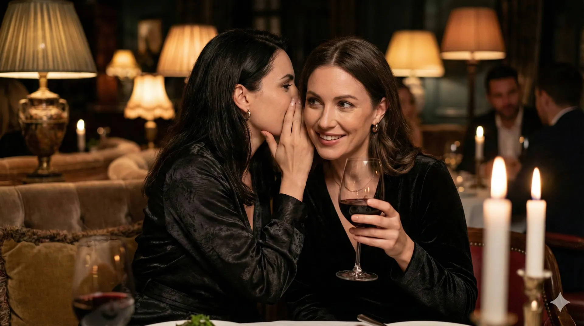 Detailní záběr na dvě ženy u večeře, tlumené světlo, sklenice vína, intimní atmosféra